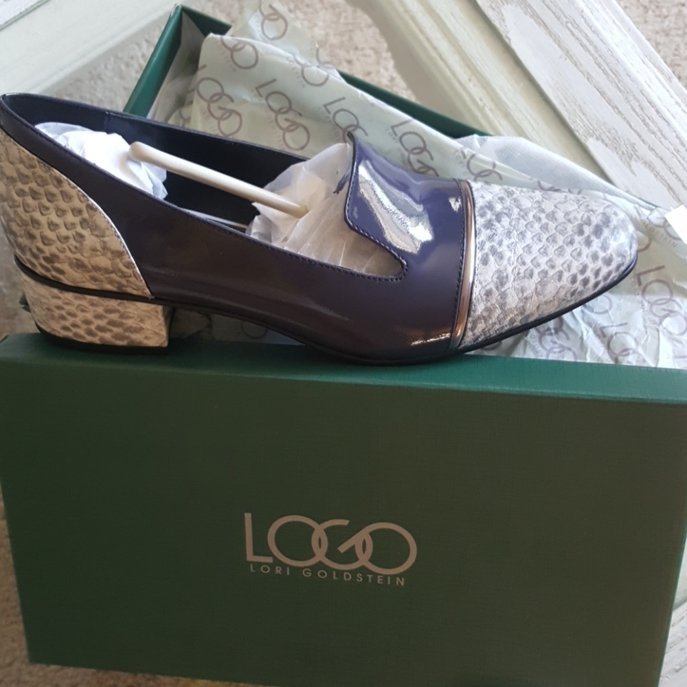 New navy, snakeskin look,patient leather loafers